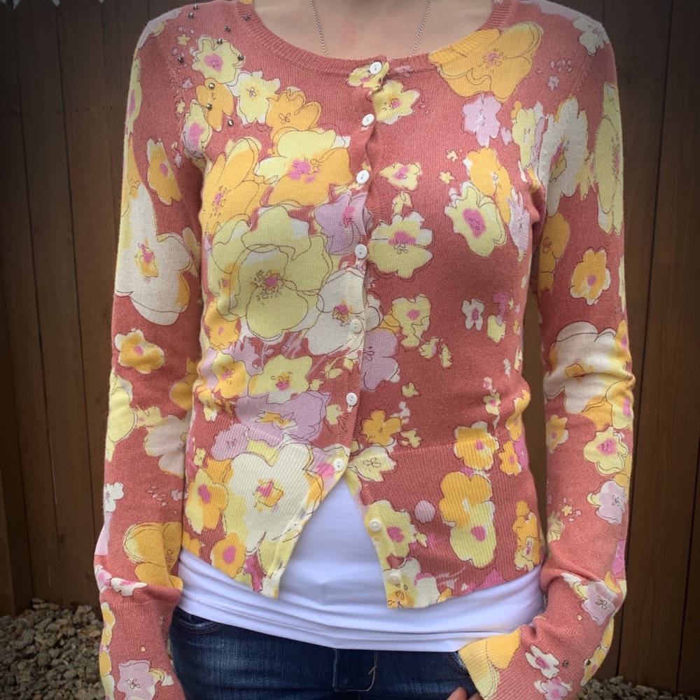 Floral Cardigan with Rhinestones